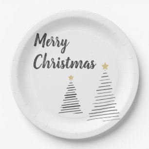 Black and White Elegant Merry Christmas Trees Paper Plates