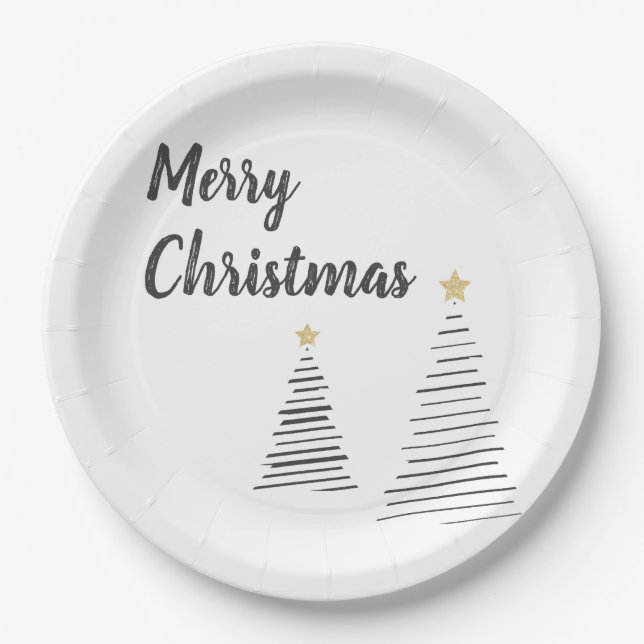 Black and White Elegant Merry Christmas Trees Paper Plates (Front)