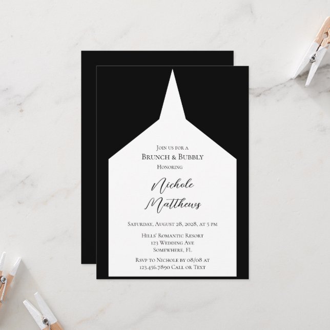 Black and White Elegant Minimalist Brunch & Bubbly Invitation (Front/Back In Situ)