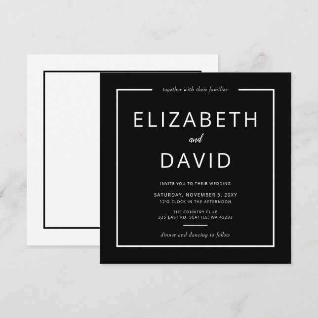Black and White Elegant Modern Minimalist Wedding Invitation (Front/Back)