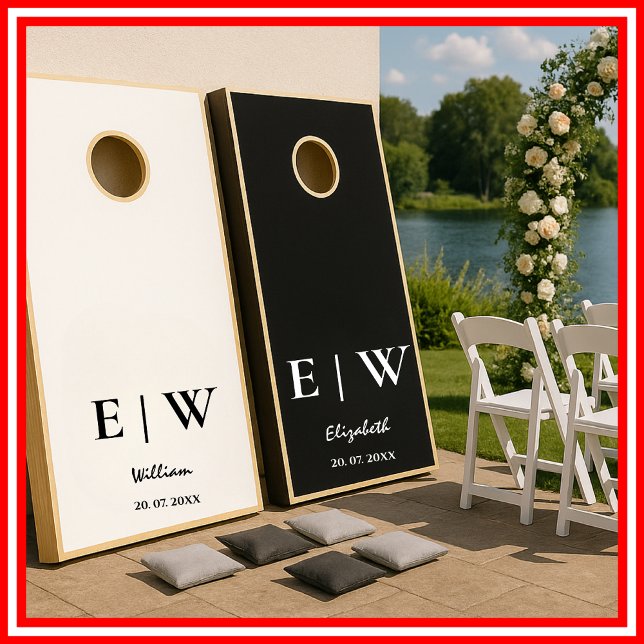 Black and White  Elegant Modern Monogram Wedding Cornhole Set (Creator Uploaded)