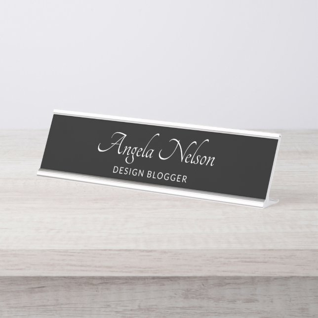 Black and White Elegant Modern Script Desk Name Plate (Front)