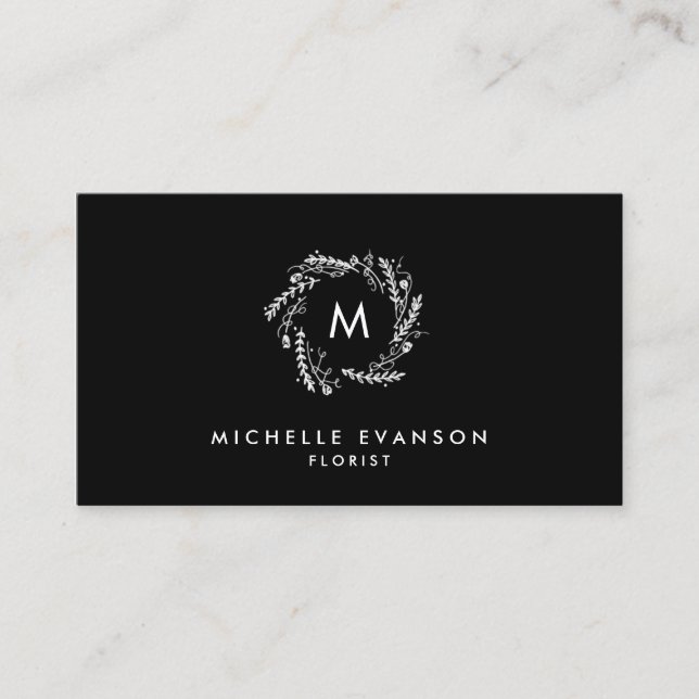 Black and White Elegant Monogram Floral Wreath Business Card (Front)