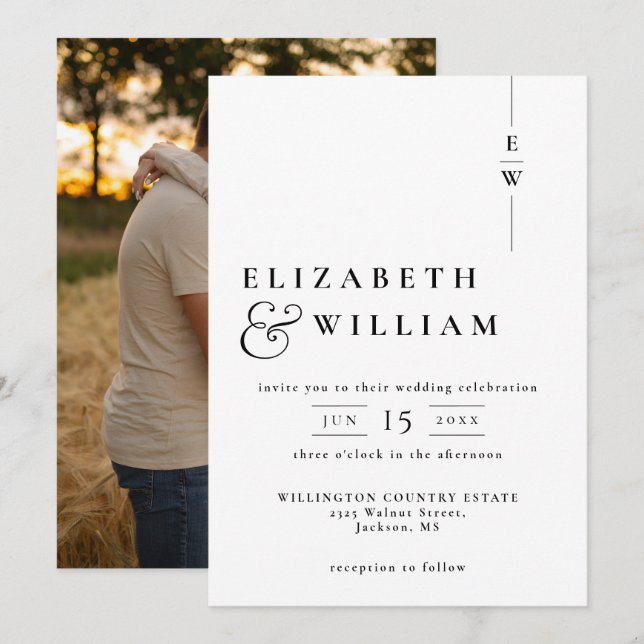 Black And White Elegant Monogram Photo Wedding Invitation (Front/Back)
