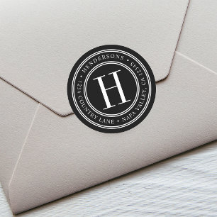Black and White Elegant Monogram Return Address Classic Round Sticker