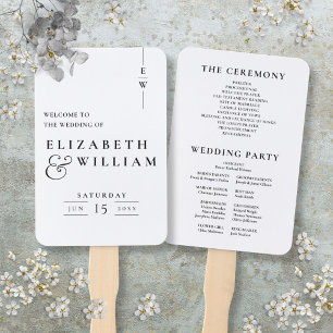 Black And White Elegant Monogram Wedding Program Hand Fan