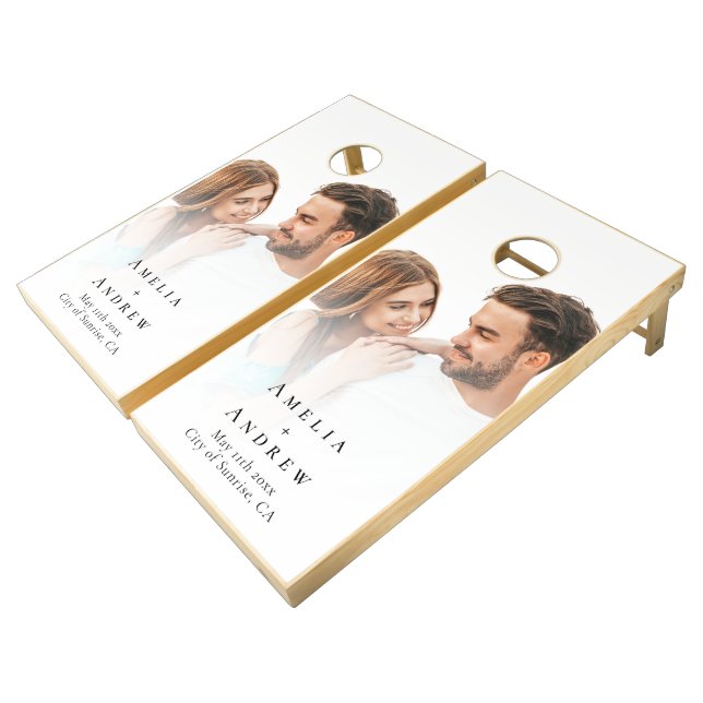 Black and White Elegant Photo Wedding Cornhole Set (Angled)