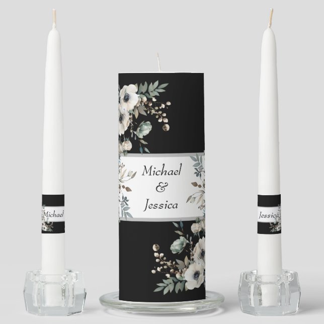 Black and white elegant roses wedding candles (Front)