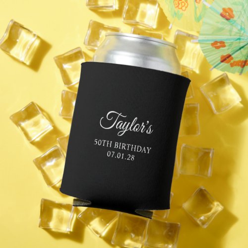 Black and White Elegant Script 50th Birthday Can Cooler