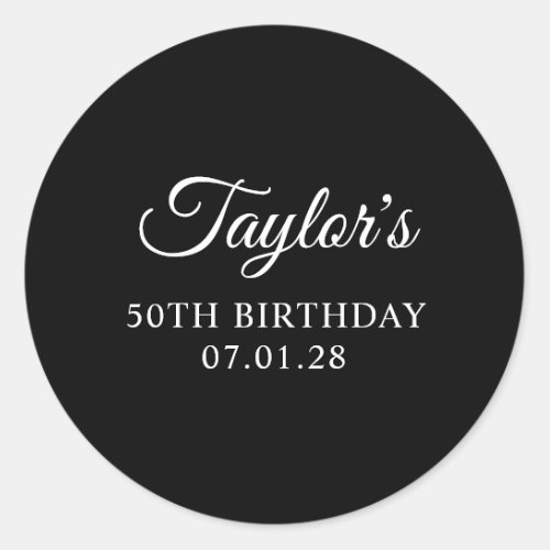 Black and White Elegant Script 50th Birthday Classic Round Sticker