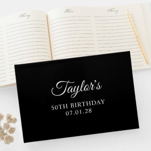  Black and White Elegant Script 50th Birthday Guest Book