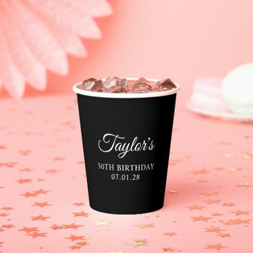 Black and White Elegant Script 50th Birthday Paper Cups