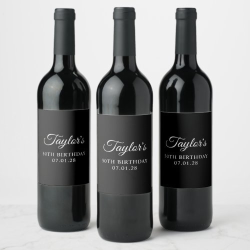 Black and White Elegant Script 50th Birthday Wine Label