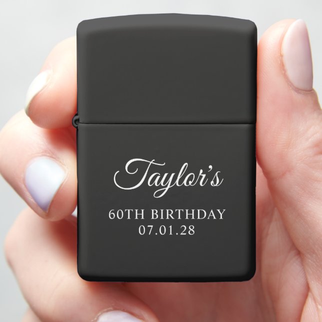 Black and White Elegant Script 60th Birthday Zippo Lighter (In Hand)