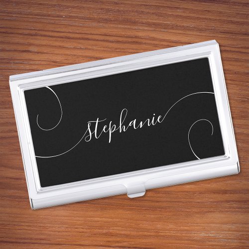 Black and White Elegant Script Curly Name Business Card Case