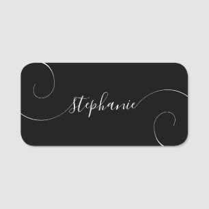 Black and White Elegant Script Curly Name Tag