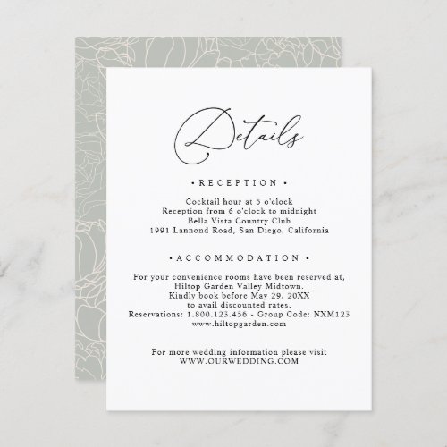 Black and White Elegant Script Details Enclosure Card - Designed to coordinate with our Romantic Script wedding collection, this customizable Details card, features a sweeping script calligraphy text paired with a classy serif font in black and a frosted sage green back with a floral line art pattern. Matching items available.