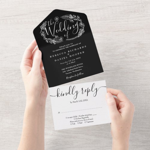 Black And White Elegant Script Foliage Wedding All In One Invitation