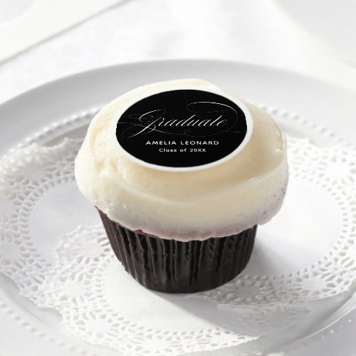 Black and White Elegant Script Graduation Edible Frosting Rounds