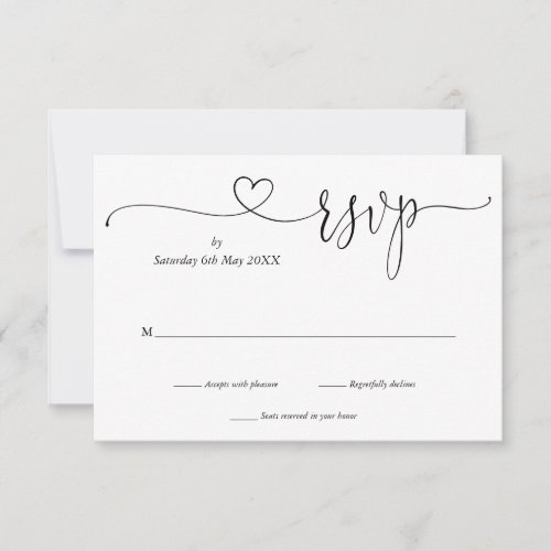 Black And White Elegant Script Heart RSVP Card - A simple elegant black and white script heart kindly reply RSVP card with your details set in chic typography. Designed by Thisisnotme©