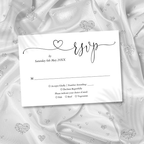 Black And White Elegant Script Heart RSVP Card