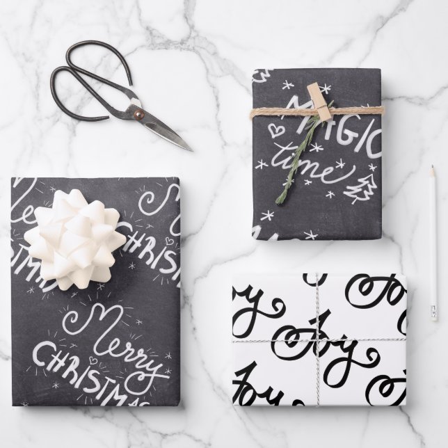 Black and White Elegant Script Merry Christmas Wrapping Paper Sheets (Front)