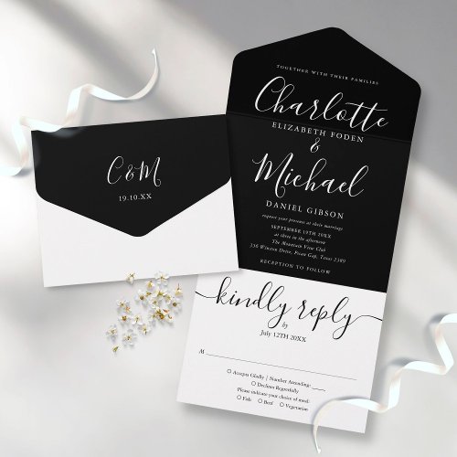Black And White Elegant Script Minimalist Wedding  All In One Invitation