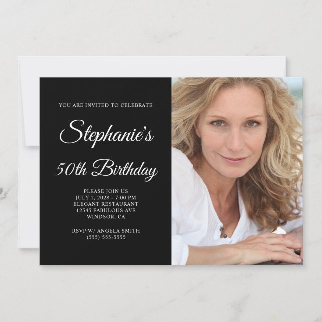 Black and White Elegant Script Photo 50th Birthday Invitation (Front)