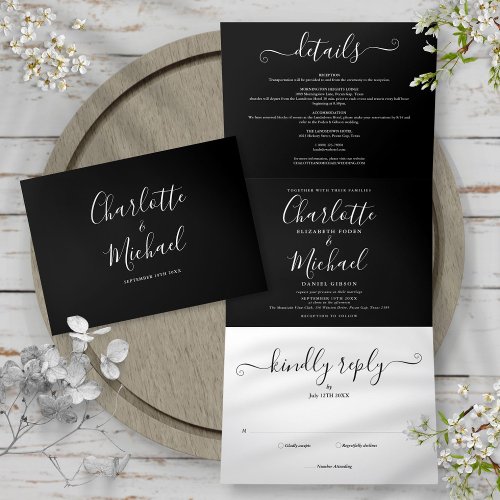 Black And White Elegant Script Photo Wedding Tri_Fold Invitation