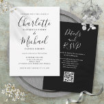 Black And White Elegant Script QR Code Wedding Invitation<br><div class="desc">Featuring signature style names,  this elegant black and white wedding invitation can be personalized with all your special wedding day information on the front,  your wedding website details,  and your QR code on the reverse. Designed by Thisisnotme©</div>