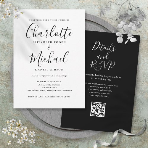 Black And White Elegant Script QR Code Wedding Invitation