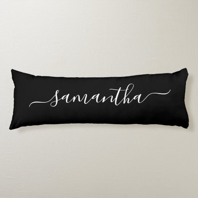 Black and White Elegant Script Signature Name Body Pillow (Front)
