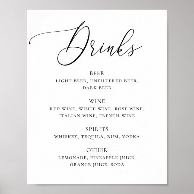 Black and white elegant script wedding drinks bar poster (Front)