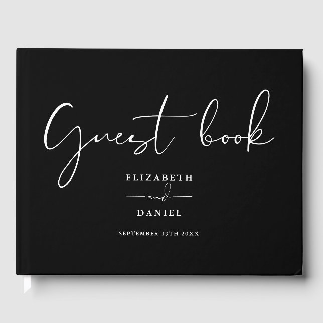 Black And White Elegant Script Wedding Guest Book (Front)