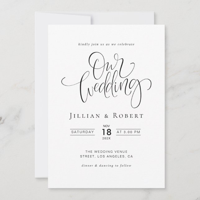 black and white elegant script wedding invitation (Front)