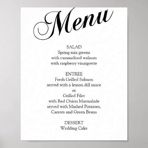 Black and white elegant script wedding menu poster