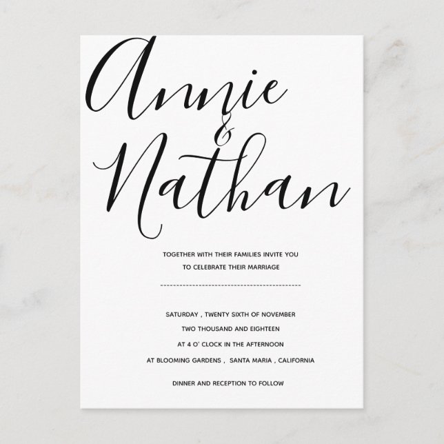 Black and  White Elegant Script Wedding Postcard (Front)