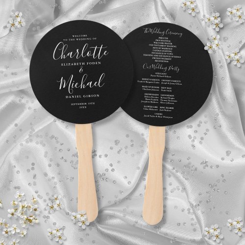 Black And White Elegant Script Wedding Program Hand Fan