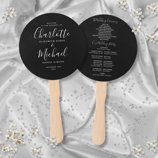 Black And White Elegant Script Wedding Program Hand Fan (Black And White Elegant Script Wedding Program Hand Fan)