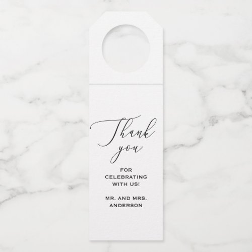 Black and white elegant script wedding thank you bottle hanger tag