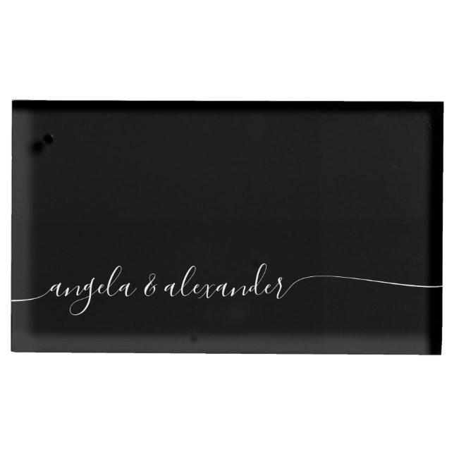 Black and White Elegant Signature Style Names Place Card Holder (Front)