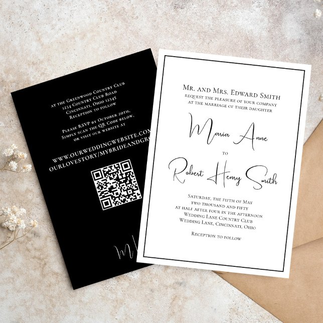Black and White Elegant Simple Classic Formal Invitation (Black and white wedding invitation template with stylish calligraphy script. )