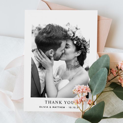 Black and white elegant simple clean photo wedding thank you card