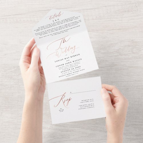 Black and White Elegant Simple Rose Gold Wedding All In One Invitation