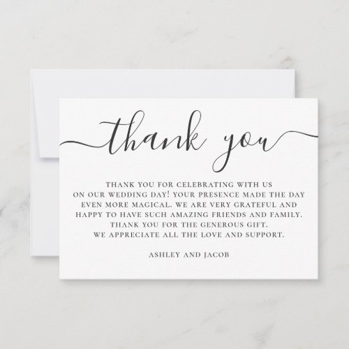Black and white elegant simple script wedding thank you card