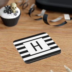 Black and White Elegant Stripe Monogrammed Coaster
