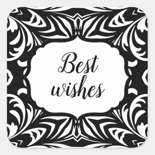 Black and White Elegant Stylish Damask Best Wishes Square Sticker