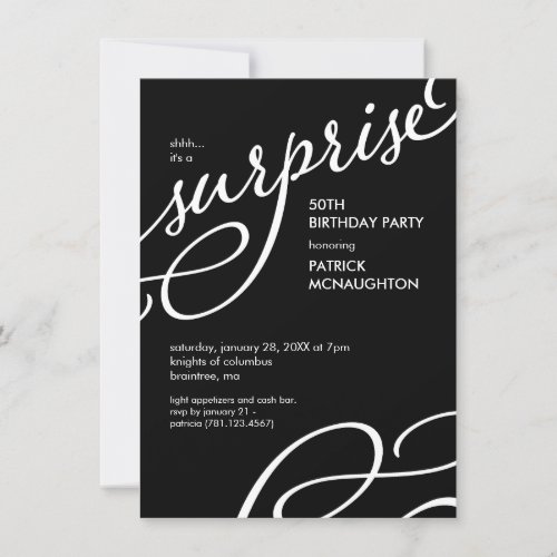 Black and White Elegant Surprise Birthday Party In Invitation