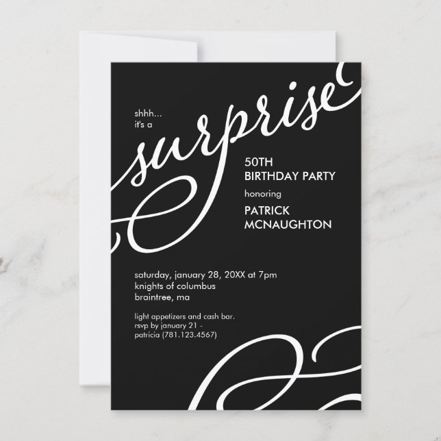 Black and White Elegant Surprise Birthday Party In Invitation (Front)