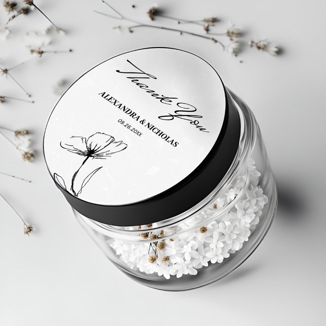 Black and White Elegant Thank you Wedding Favor Classic Round Sticker (Creator Uploaded)
